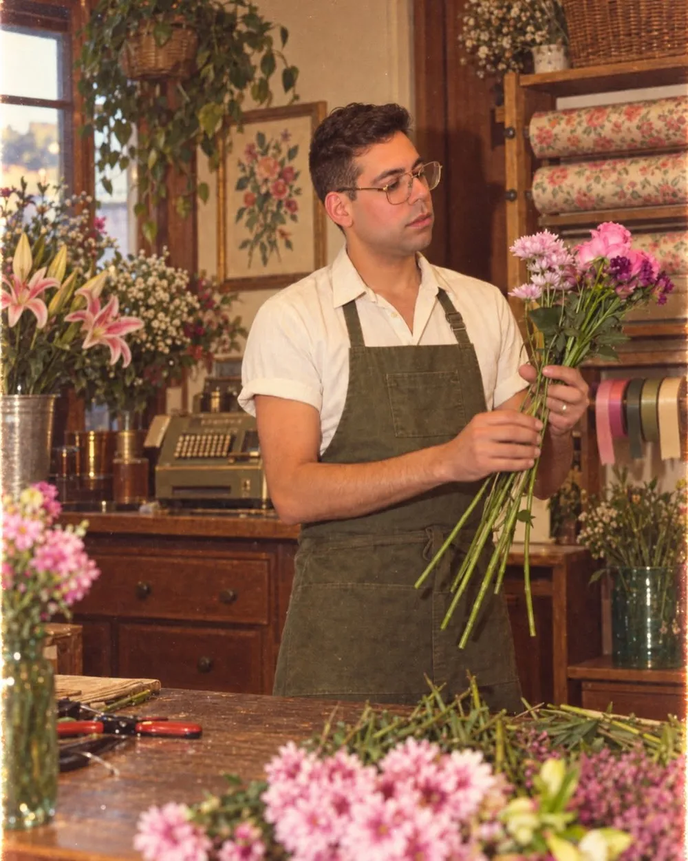 A florist in a green apron gathering pink flowers into a bouquet at the wooden worktable