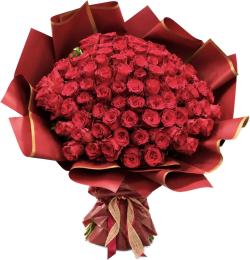A large bouquet of red roses wrapped in burgundy paper with a gold edge and a ribbon