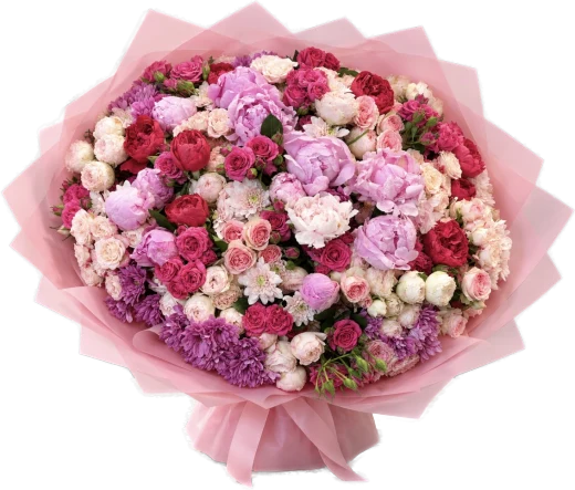 A round bouquet of pink peonies, roses and carnations wrapped in pink paper