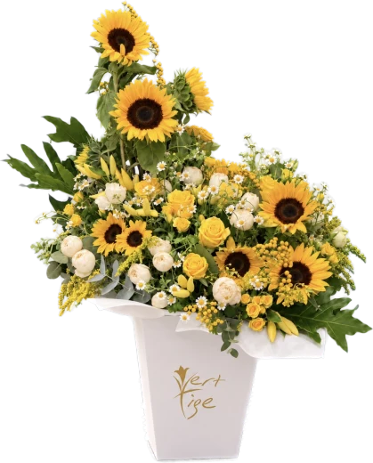 Sunflowers, yellow and white roses and golden flowers in a white Vert Tige vase